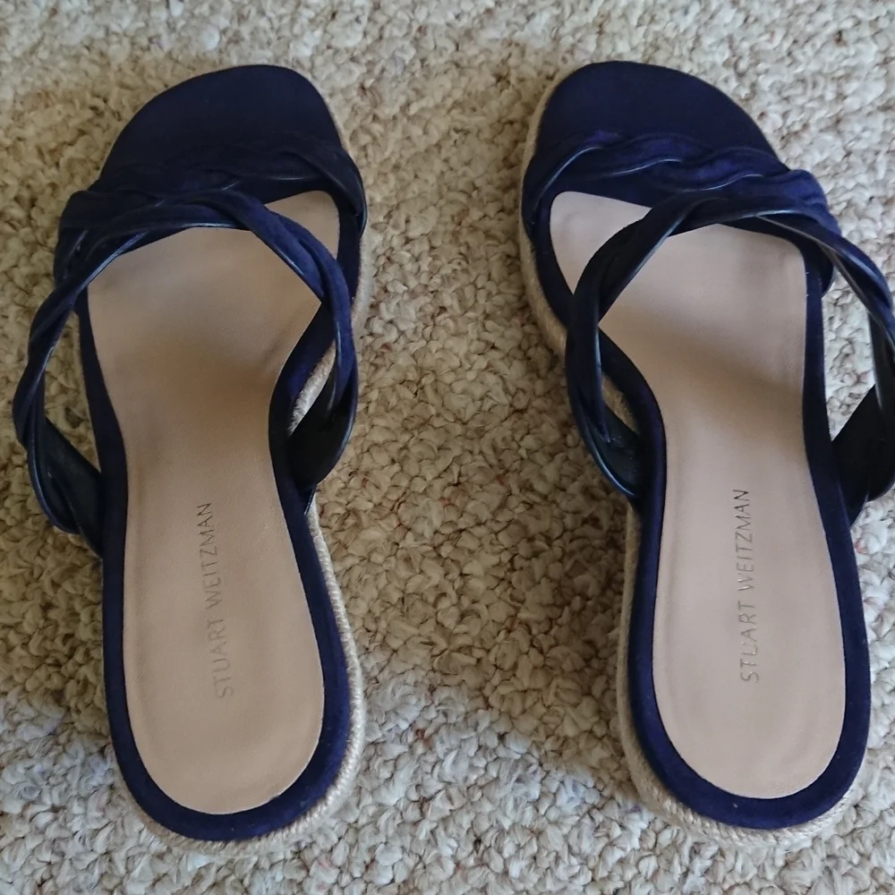 Stuart Weitzman navy Blue Twist Suede  Wedge Sandals size 6.5 - Picture 4 of 13